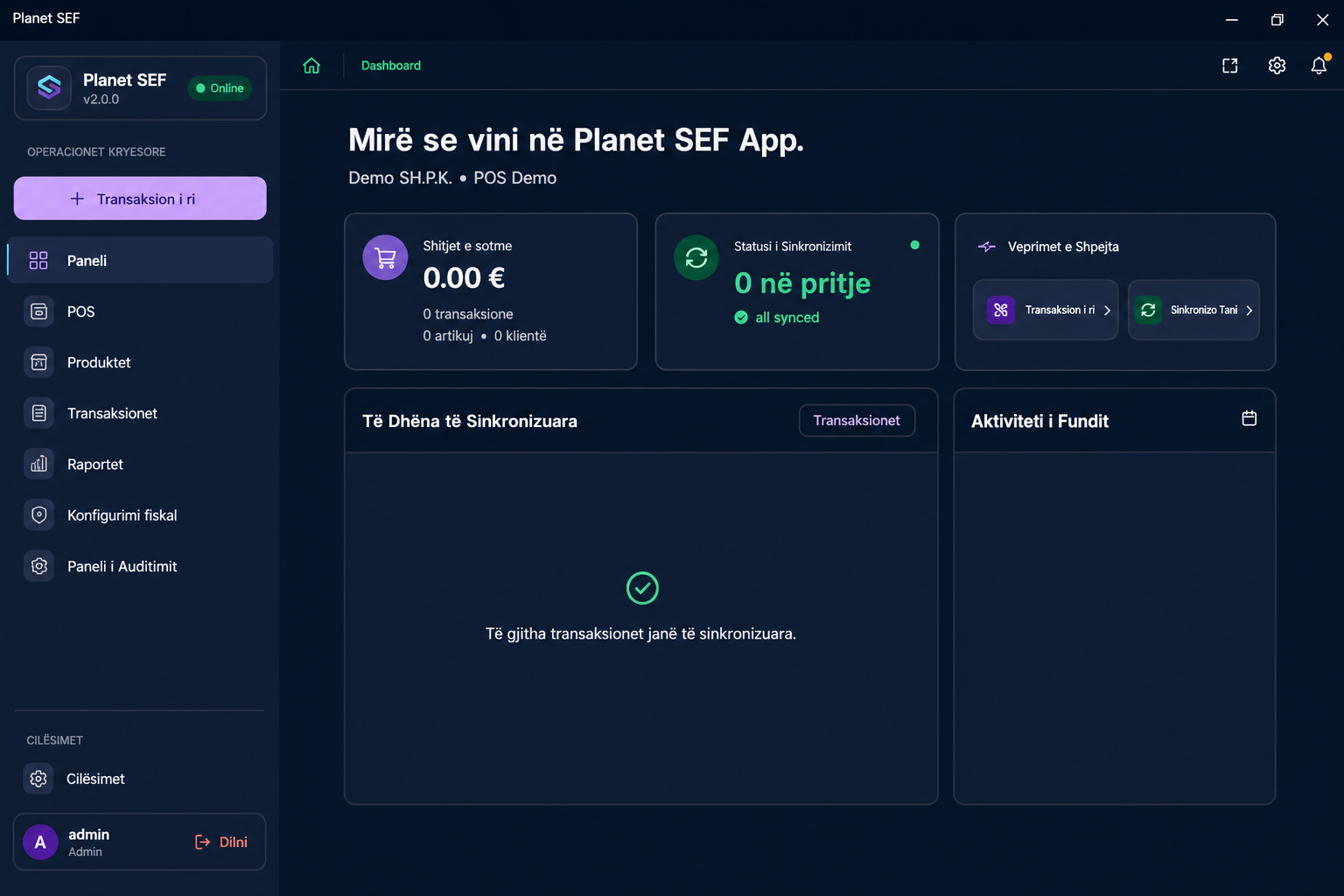 Paneli demonstrues i Planet SEF për Windows.